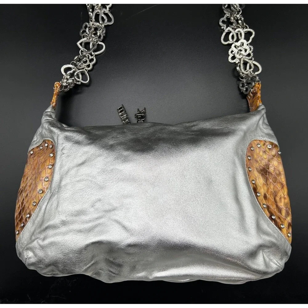Charm And Luck Silver Leather Handbag Reptile Accent Rhinestone Hobo Rare Unique